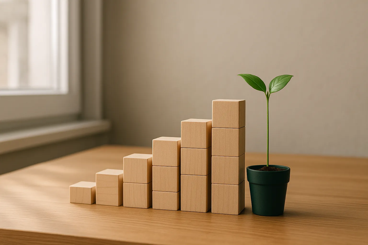 Composição editorial com blocos de madeira empilhados em ordem crescente sobre uma mesa de trabalho, formando uma escadaria que representa crescimento gradual. Ao lado, um pequeno broto em vaso verde-esmeralda. Luz suave natural de uma janela. Tons neutros e professionalismo fotográfico.